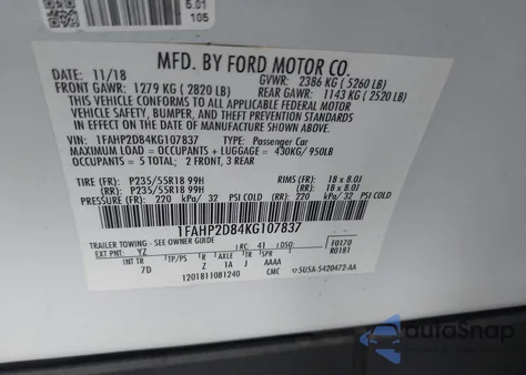 2019 Ford Taurus Se из США, поврежденный, VIN 1FAHP2D84KG107837